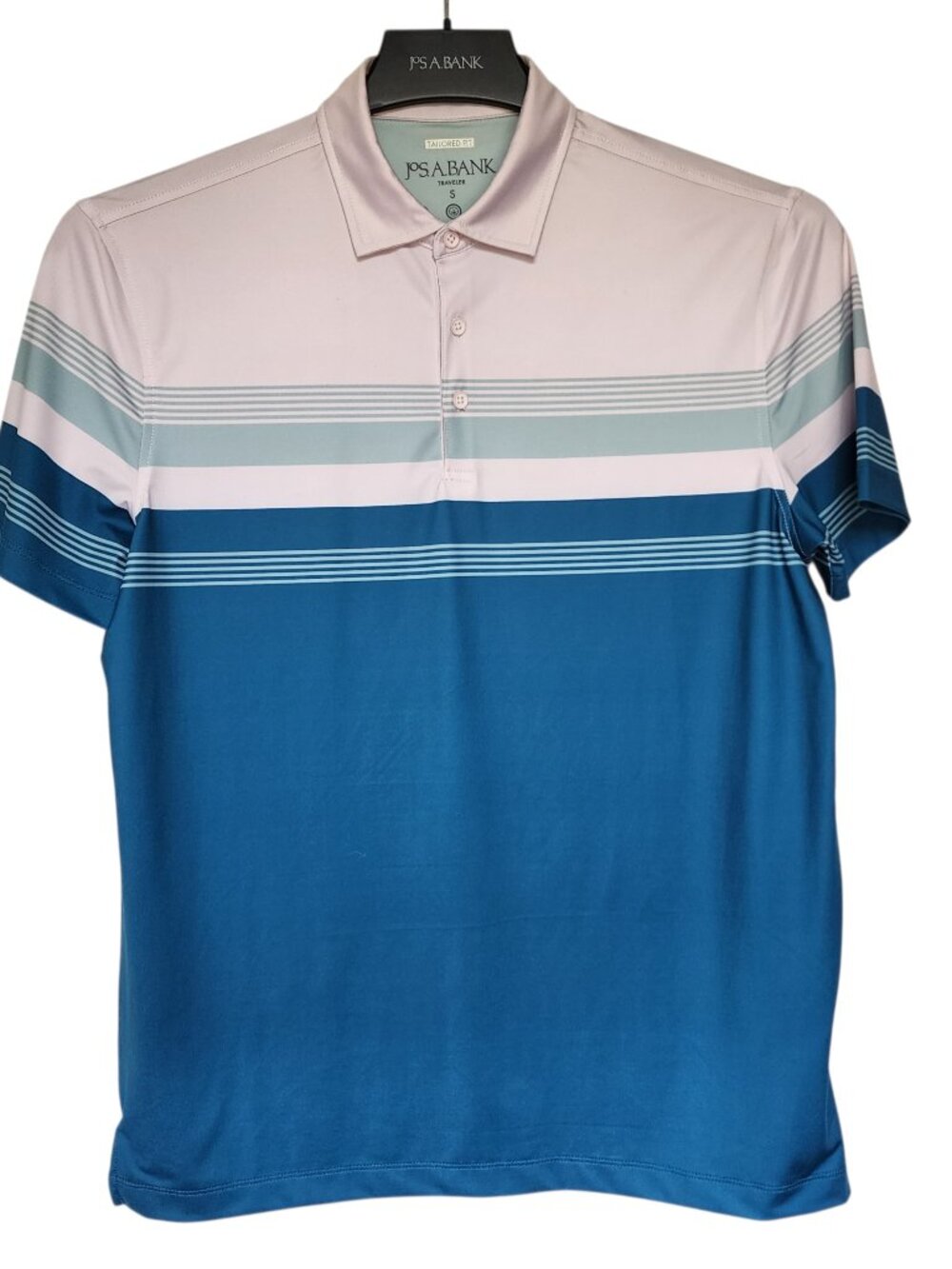 Small Polo Shirt White Blue Aqua Stripe Jos A Bank Traveler Tailored Fit Mens S